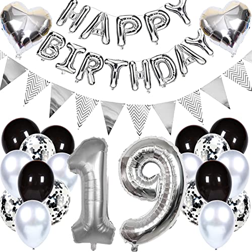 Ouceanwin Geburtstagsdeko 19 Jahre Mädchen Junge, Luftballon 19. Geburtstag Dekoration, Folienballon Zahl 19 Silber, Helium Ballon Happy Birthday Girlande für 19. Geburtstag Party Deko von Ouceanwin