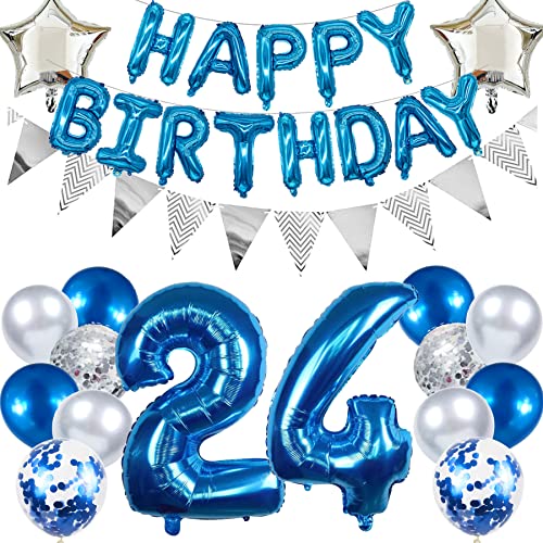 Ouceanwin Geburtstagsdeko 24 Jahre Männer, Blau Ballon 24. Geburtstag Mann, Luftballon Happy Birthday Deko Geburtstag 24 Jahre Mann Deko 24. Geburtstag Party Dekoration set von Ouceanwin
