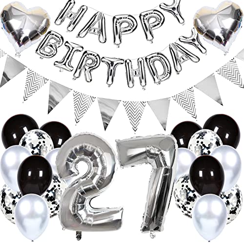 Ouceanwin Geburtstagsdeko 27 Jahre Männer Frauen, Luftballon 27. Geburtstag Dekoration, Folienballon Zahl 27 Silber, Helium Ballon Happy Birthday Girlande für 27. Geburtstag Party Deko von Ouceanwin