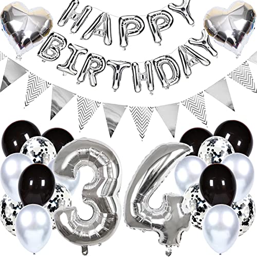 Ouceanwin Geburtstagsdeko 34 Jahre Männer Frauen, Luftballon 34. Geburtstag Dekoration, Folienballon Zahl 34 Silber, Helium Ballon Happy Birthday Girlande für 34. Geburtstag Party Deko von Ouceanwin