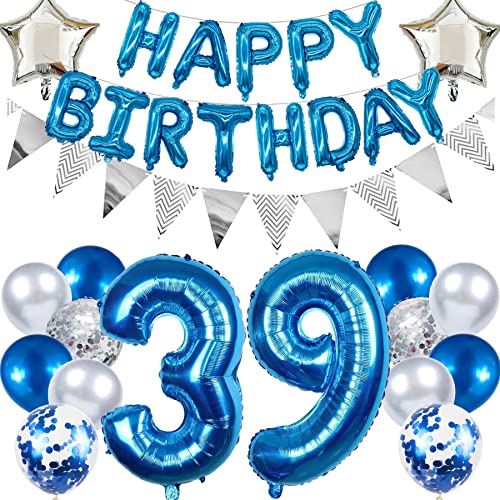 Ouceanwin Geburtstagsdeko 39 Jahre Männer, Blau Ballon 39. Geburtstag Mann, Luftballon Happy Birthday Deko Geburtstag 39 Jahre Mann Deko 39. Geburtstag Party Dekoration set von Ouceanwin