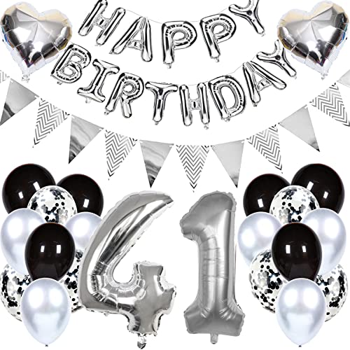 Ouceanwin Geburtstagsdeko 41 Jahre Männer Frauen, Luftballon 41. Geburtstag Dekoration, Folienballon Zahl 41 Silber, Helium Ballon Happy Birthday Girlande für 41. Geburtstag Party Deko von Ouceanwin