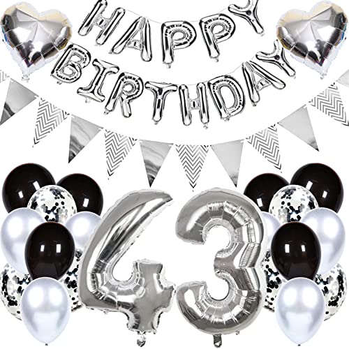 Ouceanwin Geburtstagsdeko 43 Jahre Männer Frauen, Luftballon 43. Geburtstag Dekoration, Folienballon Zahl 43 Silber, Helium Ballon Happy Birthday Girlande für 43. Geburtstag Party Deko von Ouceanwin