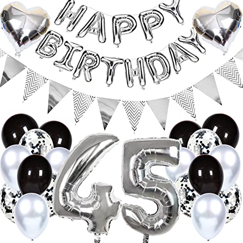 Ouceanwin Geburtstagsdeko 45 Jahre Männer Frauen, Luftballon 45. Geburtstag Dekoration, Folienballon Zahl 45 Silber, Helium Ballon Happy Birthday Girlande für 45. Geburtstag Party Deko von Ouceanwin