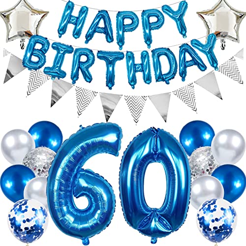 Ouceanwin Geburtstagsdeko 60 Jahre Männer, Blau Ballon 60. Geburtstag Mann, Luftballon Happy Birthday Deko Geburtstag 60 Jahre Mann Deko 60. Geburtstag Party Dekoration set von Ouceanwin