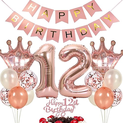 Ouceanwin Luftballon 12. Geburtstag Deko Mädchen, Rosegold Geburtstagsdeko 12 Jahre Mädchen, Folienballon Happy Birthday Deko 12. Geburtstag Mädchen Kinder, Ballons 12. Geburtstag Dekoration Set von Ouceanwin