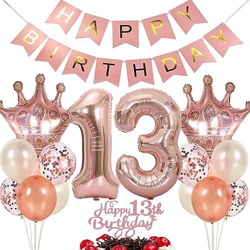 Ouceanwin Luftballon 13. Geburtstag Deko Mädchen, Rosegold Geburtstagsdeko 13 Jahre Mädchen, Folienballon Happy Birthday Deko 13. Geburtstag Mädchen Kinder, Ballons 13. Geburtstag Dekoration Set von Ouceanwin