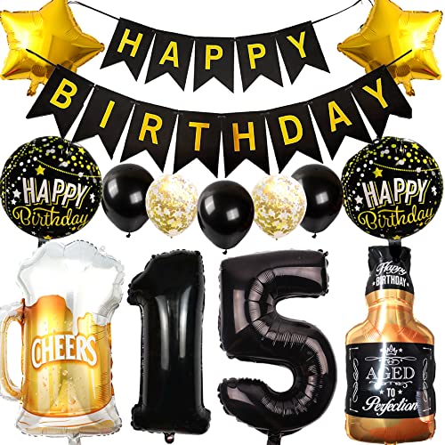 Ouceanwin Luftballon 15. Geburtstag Deko Jungen Mädchen, Ballons Geburtstagsdeko 15 Jahre Kinder, Folienballon Weinflasche Bier Deko Helium Ballon Whisky für 15 Jahr Geburtstag Party Deko von Ouceanwin