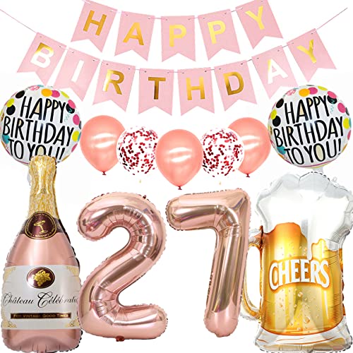 Ouceanwin Luftballon 27. Geburtstag Deko Frau, Rosegold Ballons Geburtstagsdeko 27 Jahre Frauen, Folienballon Weinflasche Bier Deko Helium Ballon Champagner Flasche für 27 Geburtstag Party Deko von Ouceanwin