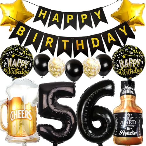Ouceanwin Luftballon 56. Geburtstag Deko Männer Frauen, Schwarz Gold Geburtstagsdeko 56 Jahre Mann Frau, Folienballon Weinflasche Bier Deko Helium Ballon Whisky für 56 Jahre Geburtstag Party Deko von Ouceanwin