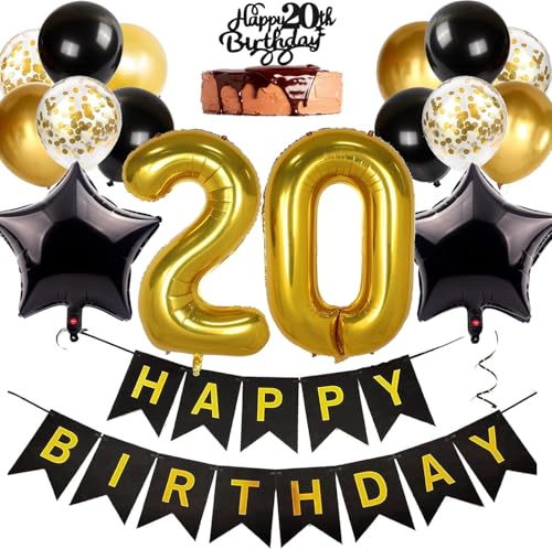 Ouceanwin Schwarz-Gold Luftballon 20. Geburtstag Deko Set mit Happy Birthday Banner, Luftballons Zahl, Foilenballons Stern Schwarz, Latex Gold, Konfetti 20th Tortendeko Ouceanwin Schwarz-Gold Luftballon 20. Geburtstag Deko Set mit Happy Birthday Banner, Luftballons Zahl, Foilenballons Stern Schwarz, Latex Gold, Konfetti 20th Tortendeko von Ouceanwin