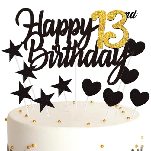 Ouceanwin Tortendeko 13. Geburtstag Mädchen/Junge, Schwarz-Gold, Glitzer Kuchendeko, 11 Stück, Unisex, 13. Geburtstag, Kuchendeko, Tortendeko von Ouceanwin