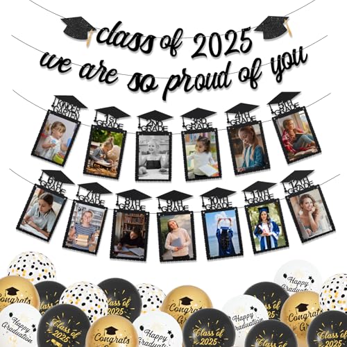Abschlussdekorationen, Klasse 2025 K-12. Klasse, Fotobanner, Aufschrift "We are So Proud of You", Banner, Schwarzgold, Konfetti, bedruckte Luftballons für Congrats Grade Middle High School College Abschlussdekorationen, Klasse 2025 K-12. Klasse, Fotobanner, Aufschrift "We are So Proud of You", Banner, Schwarzgold, Konfetti, bedruckte Luftballons für Congrats Grade Middle High School College von Ouddy Party