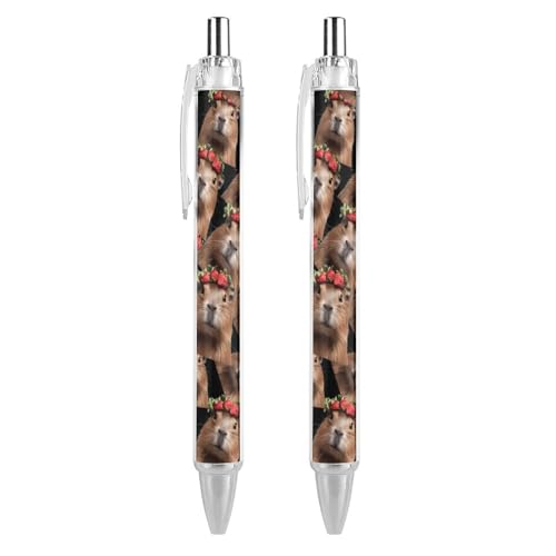 Oudrspo Capybara mit Erdbeer-Kugelschreiber, Druckstift, 0,5 mm, glattes Schreiben, schwarze Tinte, Kugelschreiber, Notizzubehör fürs Büro, 2 Stück von Oudrspo