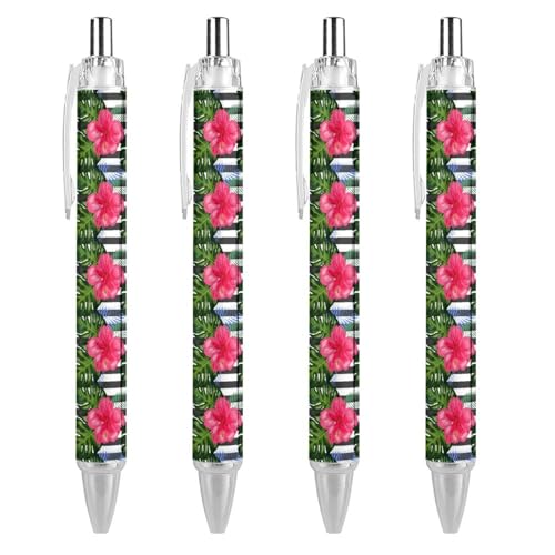 Oudrspo Kugelschreiber, tropische Blätter, Blumen, schwarz, Kugelschreiber, glattes Schreiben, Gelstifte, einziehbar, 0,5 feine Spitze, für Schule, Büro, tropische Blätter, Blumen, Muster, 4 Stück von Oudrspo