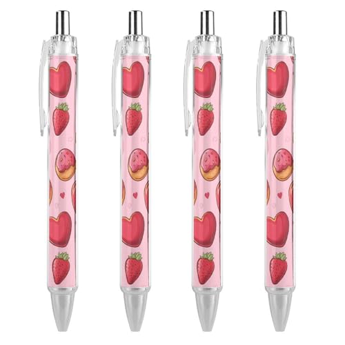 Oudrspo Kugelschreiber mit Donuts und Erdbeeren, einziehbarer Stift, 0,5 mm, glattes Schreiben, schwarze Tinte, Kugelschreiber, Notizzubehör fürs Büro, 4 Stück von Oudrspo