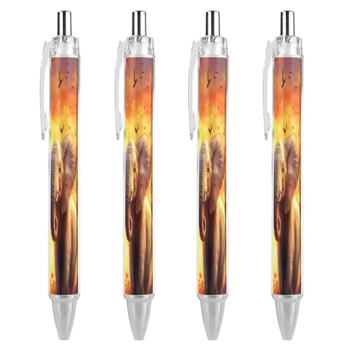 Oudrspo Kugelschreiber mit Elefantenmotiv, Sonnenuntergang, einziehbar, 0,5 mm, glattes Schreiben, schwarze Tinte, Kugelschreiber, Notizenzubehör fürs Büro, 4 Stück von Oudrspo