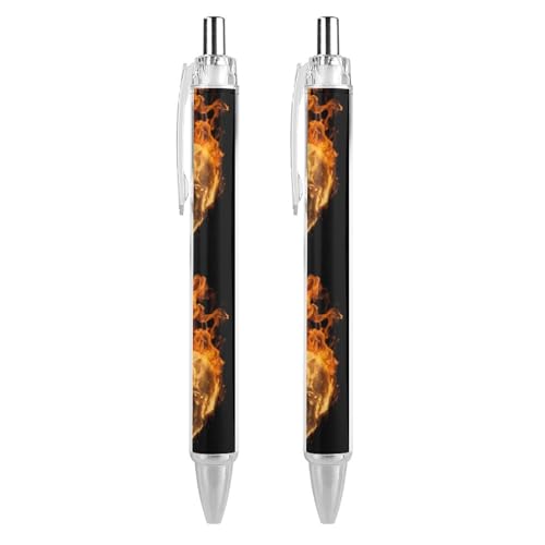 Oudrspo Kugelschreiber mit Flammen-Heavy-Metal-Totenkopf, lustig, bedruckt, einziehbar, schwarz, runder Schaft, feine Spitze, 0,5 mm, 1/2/4 Stück von Oudrspo