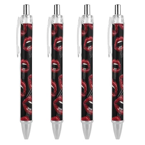Oudrspo Kugelschreiber mit Glitzer-Rotlippen und Diamanten, 0,5 mm, glattes Schreiben, schwarze Tinte, Kugelschreiber, Notizen-Zubehör fürs Büro, 4 Stück von Oudrspo