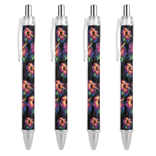 Oudrspo Kugelschreiber mit Hibiskusblüten-Aquarell, Druckstift, 0,5 mm, glattes Schreiben, schwarze Tinte, Kugelschreiber, Notizenzubehör fürs Büro, 4 Stück von Oudrspo