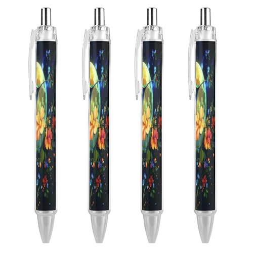 Oudrspo Kugelschreiber mit Kolibri-Blumenmotiv im Mondschein, einziehbar, 0,5 mm, glattes Schreiben, schwarze Tinte, Kugelschreiber, Notizzubehör fürs Büro, 4 Stück von Oudrspo