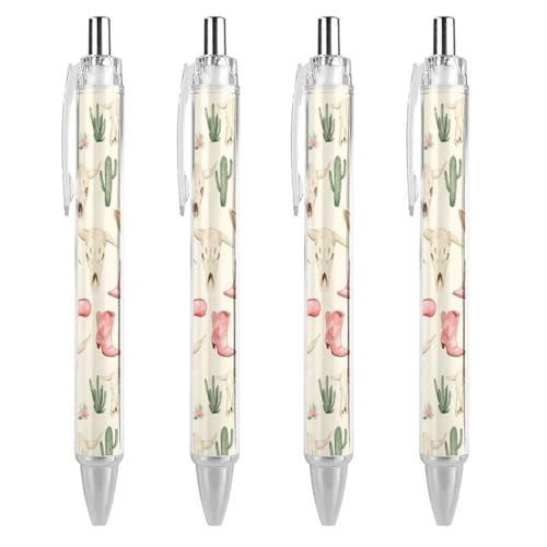Oudrspo Kugelschreiber mit Kuhschädel, Stiefeln, Kaktushüten, Druckkugelschreiber, 0,5 mm, glattes Schreiben, schwarze Tinte, Kugelschreiber, Notizzubehör fürs Büro, 4 Stück von Oudrspo