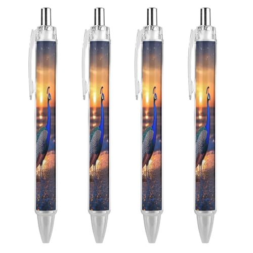 Oudrspo Kugelschreiber mit Pfauen-Strand-Sonnenuntergang, einziehbar, 0,5 mm, glattes Schreiben, schwarze Tinte, Kugelschreiber, Notizzubehör fürs Büro, 4 Stück von Oudrspo