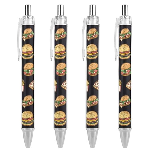 Oudrspo Kugelschreiber mit Pizza-, Pommes- und Hamburger-Motiv, 0,5 mm, glattes Schreiben, schwarze Tinte, Kugelschreiber, Notizenzubehör fürs Büro, 4 Stück von Oudrspo