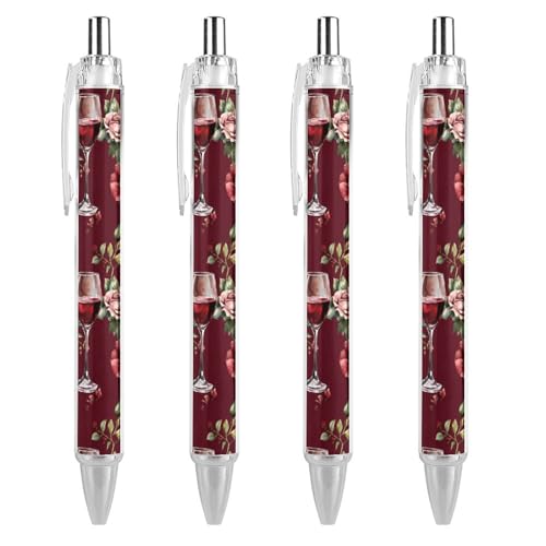 Oudrspo Kugelschreiber mit Weinflaschen-Blumen-Motiv, einziehbar, 0,5 mm, glattes Schreiben, schwarze Tinte, Kugelschreiber, Notizenzubehör fürs Büro, 4 Stück von Oudrspo