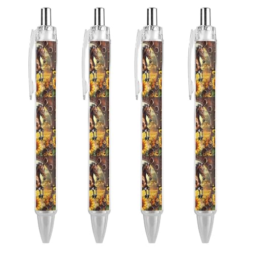 Oudrspo Lustiger Kugelschreiber mit 3D-Pferde-Sonnenblumen-Motiv, bedruckt, einziehbar, schwarzer runder Schaft, feine Spitze, 0,5 mm, 1/2/4 Stück von Oudrspo