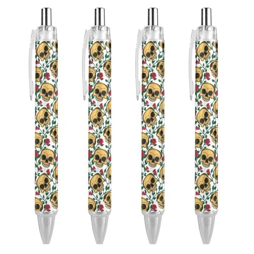 Oudrspo Sugar Skulls Roses schwarze Stifte Kugelschreiber Kugelschreiber glattes Schreiben Gelstifte einziehbar 0,5 feine Spitze für Schule Büro Zuckerschädel Rosen Muster 4 Stück von Oudrspo