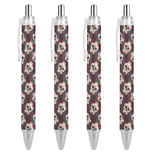 Oudrspo Sugar Skulls Roses schwarze Stifte Kugelschreiber Kugelschreiber glattes Schreiben Gelstifte einziehbar 0,5 feine Spitze für Schule Büro Zuckerschädel Rosen Muster 4 Stück von Oudrspo