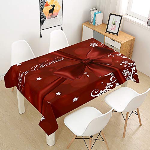 Ouduo 3D Weihnachten Tischdecke Wasserdicht Polyester Rechteckig, Pflegeleicht Fleckschutz Ölfest Abwaschbar Mehrzweck Bedruckte Tischdecke für Home Küche Dekoration (rote Schleife,140x200cm) von Ouduo