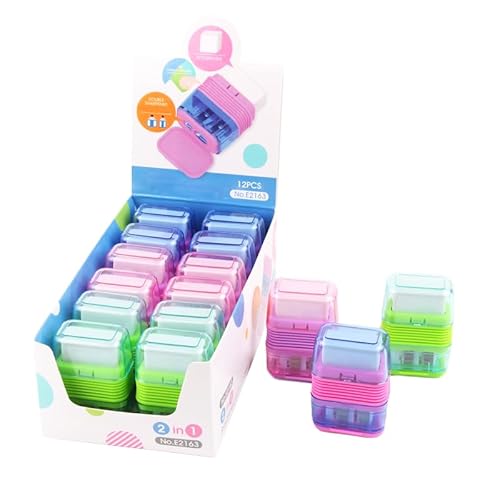 Ouksma Bleistiftspitzer mit zwei Löchern, 12 Stück, mit Radiergummi, für Schule, Büro und Kunstbedarf (Grün/Rosa/Lila, 12) von Ouksma