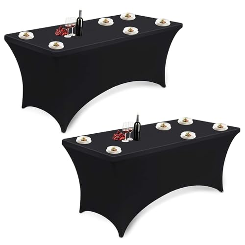 2er-Set Elastische Spandex Stretch Tischdecke 6FT Elasthan Tischdecke Elastische Tischdecken aus Spandex-Material Waschbar geeignet für Bars Geburtstagsfeiern Hochzeiten und Bankette (Schwarz) von OulQinyhome
