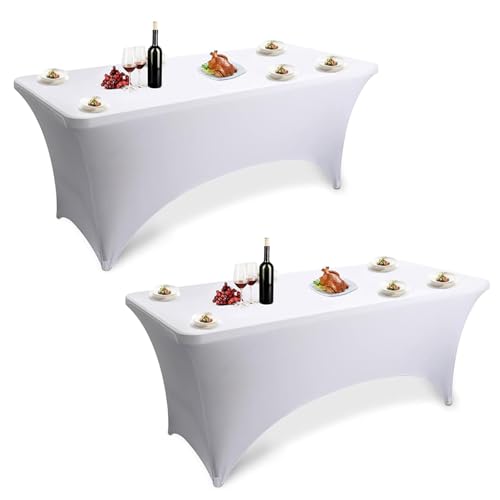 2er-Set Elastische Spandex Stretch Tischdecke 6FT Elasthan Tischdecke Elastische Tischdecken aus Spandex-Material Waschbar geeignet für Bars Geburtstagsfeiern Hochzeiten und Bankette (Weiß) von OulQinyhome