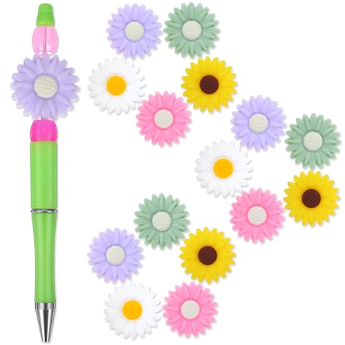 Ouligay 15 Stück Gänseblümchen Silikonperlen, Silikon Perlen Blumen zum Basteln, Bunte Flacher Rückseite Gänseblümchen Blume Silikonperlen für DIY Handwerk Schmuckherstellung Telefonhülle Dekoration von Ouligay