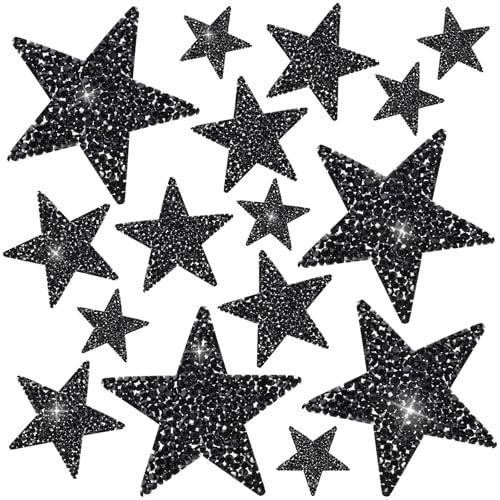 Ouligay 16 Stück Sterne zum Aufbügeln Schwarz Glitzer Stern Bügelbilder für Textilien, Stern Patches zum Aufbügeln, Schwarz Bügelflicken Strass Sterne Patches for Clothes, Dress, Hat, Jeans von Ouligay