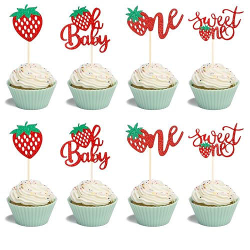 Ouligay 24 Stück Tortendeko Glitzer Strawberry Kuchen Deko Erdbeere Cupcake für Obst Baby Dusche Ersten Geburtstag Happy Birthday Cake Topper von Ouligay