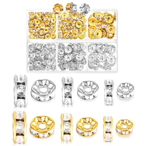 Ouligay 300 Stück Zwischen Perlen für Armbänder Metall Spacer Perlen zum Auffädeln 6mm 8mm 10mm Strass Spacer Beads Zwischenperlen für Armbänder, Ohrringe Halskette Schmuck(Silber Gold) von Ouligay