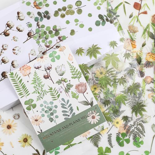 Ouligay 400 Stück Blumen Scrapbooking Sticker Transparent Vintage Flower Sticker Grün Blumen Pflanzen Aufkleber Blumenaufkleber Wasserfeste Plants Floral Stickers Kit für Fotoalbum Laptop Journaling von Ouligay