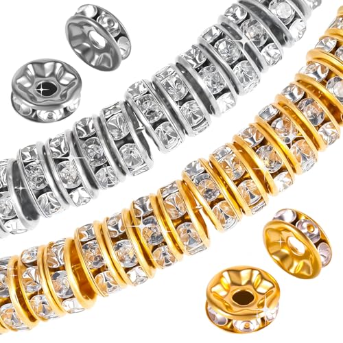 Ouligay 400 Stück Zwischen Perlen für Armbänder Metall Zwischenperlen Spacer Perlen zum Auffädeln 8mm Rondelle Strass Metallperlen Spacer Beads Zwischenperlen für Armbänder Ohrringe Halskette Schmuck von Ouligay