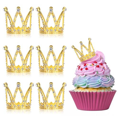 Ouligay 6 Stück Krone Tortendeko Mini Gold Crown Cake Topper Kleine Krone Tortenaufsatz 4,5 x 3,5 cm Goldene Krone Kuchen Topper mit Strass für Geburtstag Party Hochzeit Schmuck Machen von Ouligay