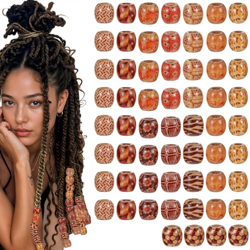 Ouligay 60 Stück Holzperlen Gemalt Holz Perlen mit Loch Groß, Holzkugeln Haarperlen for braids, Verschiedene Muster Hair Beads für Dreadlocks Schmuck DIY Armband Basteln von Ouligay