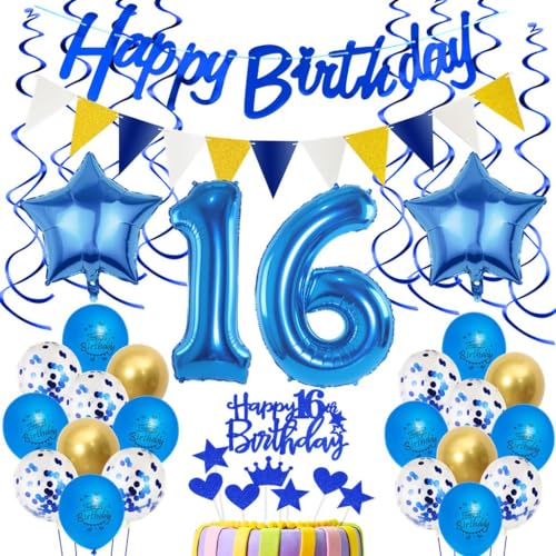 Blau 16. Geburtstag Dekoration, Tortendeko Geburtstag 16 Jahre Junge, Luftballon 16 Geburtstag Blau Gold, 16 Jahr Geburtstagsdeko Blau Junge Mädchen, 16 Jahr Party Deko Blau, Ballon 16. Deko von Oumezon