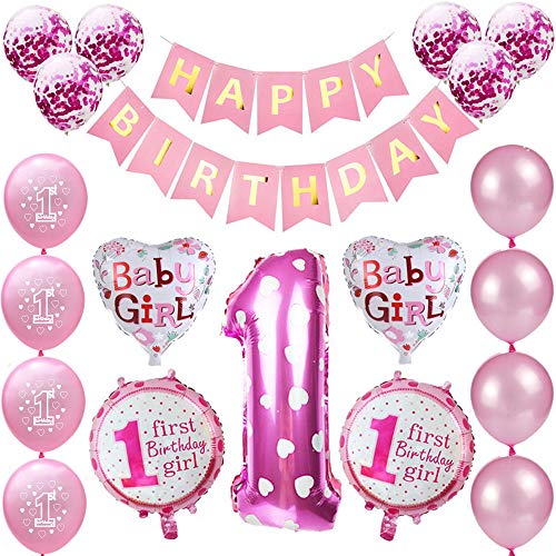 Kindergeburtstag Deko Mädchen 1 Jahr Ballons, 1. Geburtstag Dekorationen für Mädchen,Deko 1 Geburtstag Ballons,erst Geburtstag Deko Mädchen Happy Birthday Banner Luftballons Rosa Konfetti Helium Set von Oumezon
