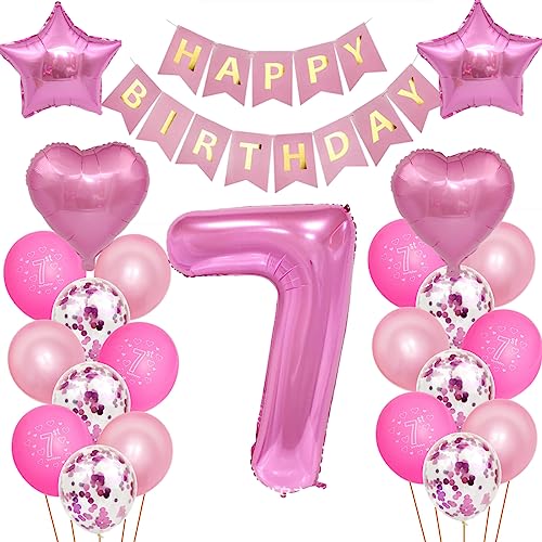 Kindergeburtstag Deko Mädchen 7 Jahr Ballons, 7. Geburtstag Dekorationen für Mädchen,Deko 7 Geburtstag Ballons,7 Geburtstag Deko Mädchen Happy Birthday Banner Luftballons Rosa Konfetti Helium Set von Oumezon