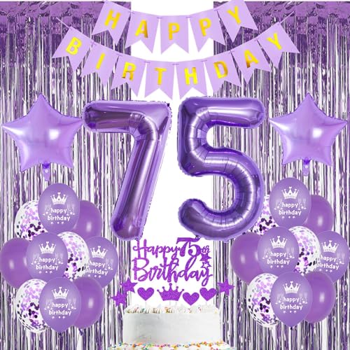 Lila 75. Geburtstag Dekoration Frau,Violett 75. Party Dekoration,75 Jahre Frau Lila Ballons,75 Geburtstagsdeko Frauen,Lametta Vorhänge Lila 75. Geburtstag Dekoration,Lila Luftschlangen von Oumezon