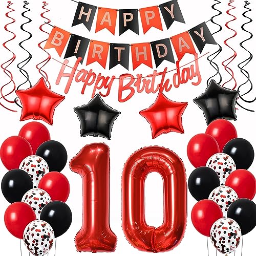Luftballons 10. Geburtstag Deko Mädchen Rot Schwarz, Geburtstagsdeko 10 jahre Mädchen happy birthday 10 Mädchen dekoration Rot deko 10. Geburtstag Mädchen Schwarz ballons 10 Geburtstag Mädchen von Oumezon