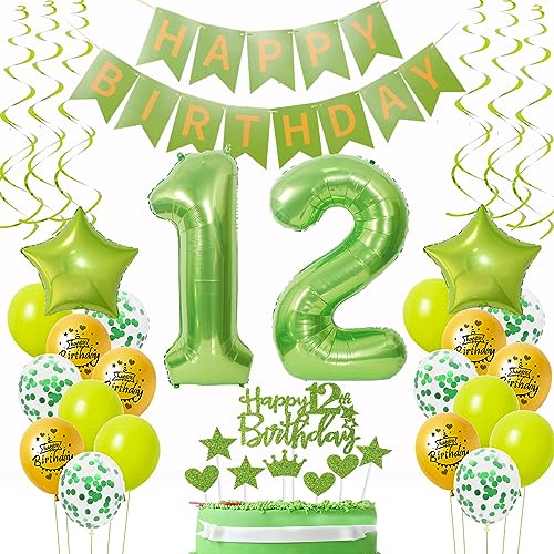 Luftballons 12. Geburtstag Deko Mädchen Junge Grün Gold, Geburtstagsdeko 12 Junge happy birthday 12 jahre Junge dekoration Grün Gold Tortendeko 12. Geburtstag Junge ballons 12 Geburtstag Junge von Oumezon